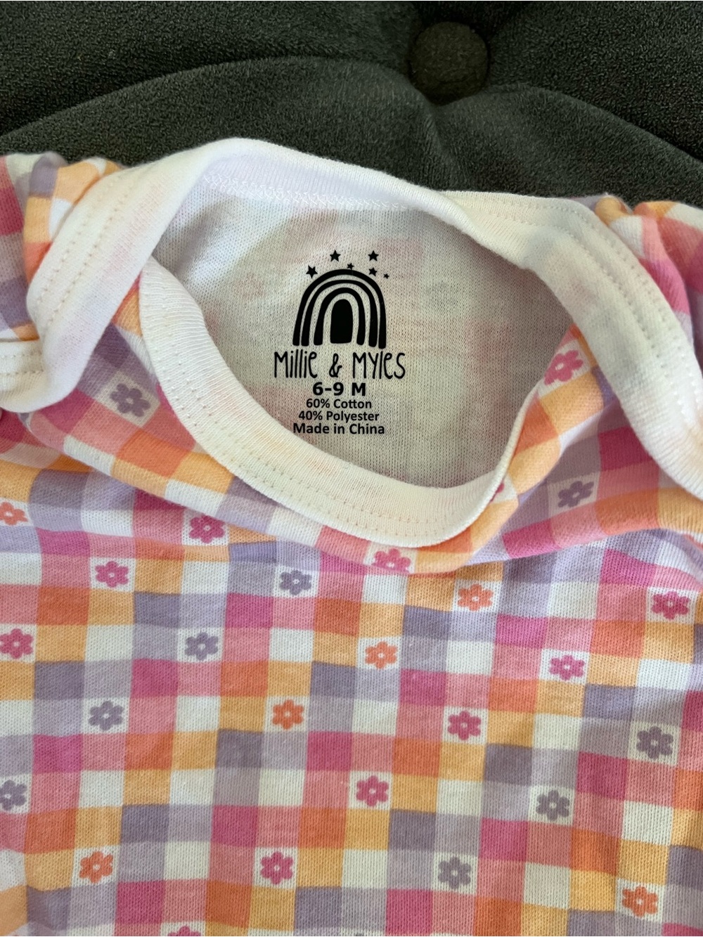 Gingham Floral Baby One-Piece Bodysuit - Picture 3 of 3